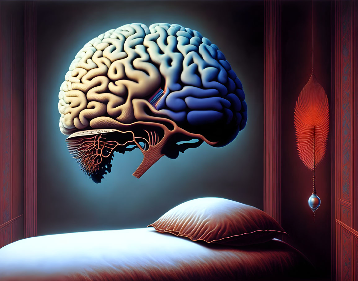 Surreal artwork: human brain, pillow, feather, pendulum