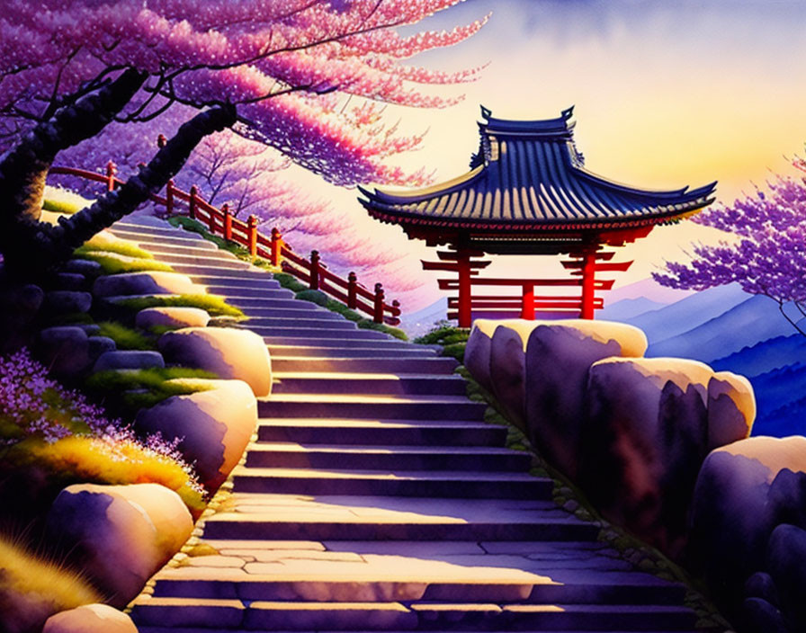 Traditional red gate with pagoda-style roof and cherry blossoms at twilight