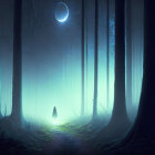 Enchanting forest pathway with blue light, tall trees, and distant figure in foggy setting