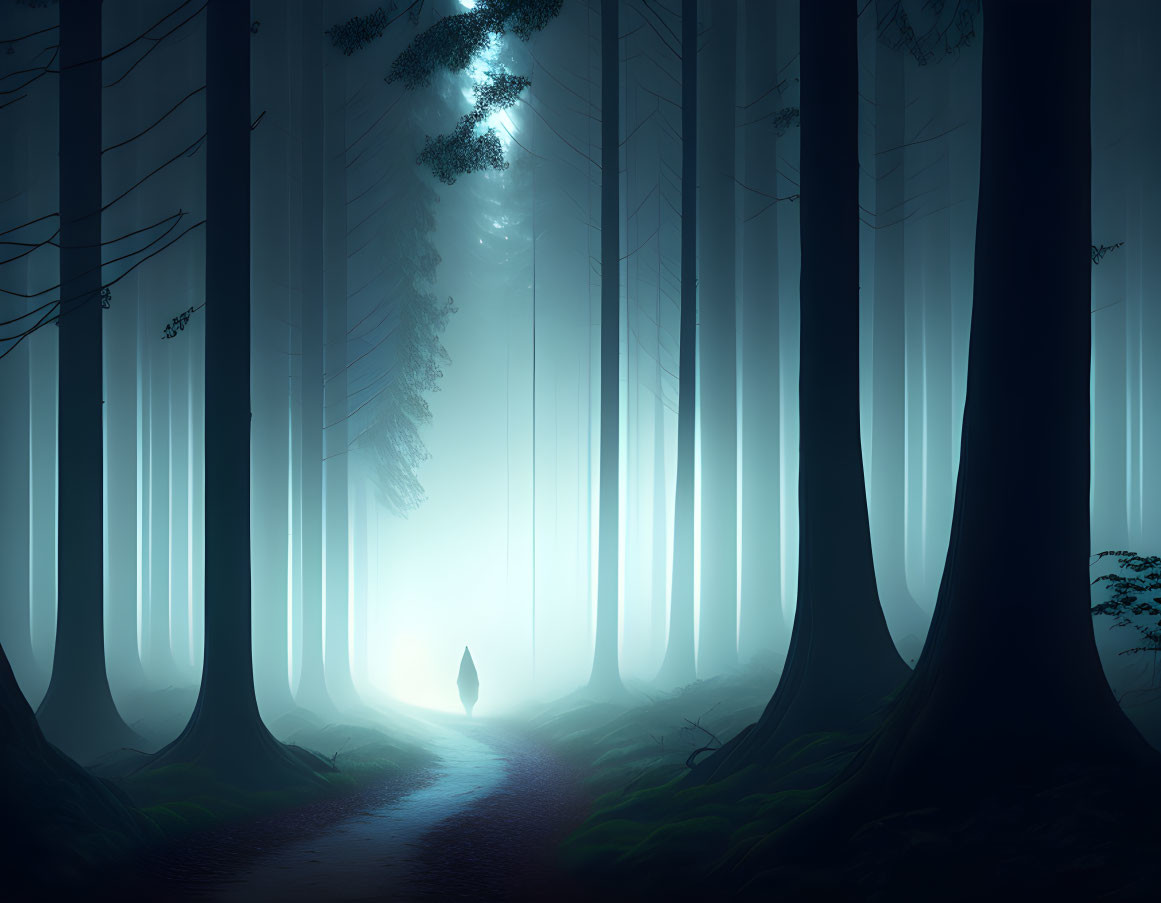 Enchanting forest pathway with blue light, tall trees, and distant figure in foggy setting