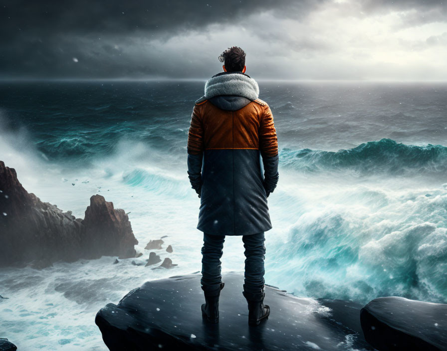 Person in Brown Jacket Faces Stormy Ocean Waves on Rocky Cliff