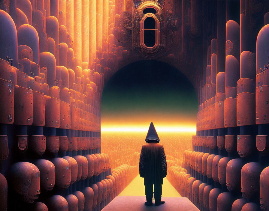 Person in Conical Hat at Grand Hall Entrance Under Amber Glow