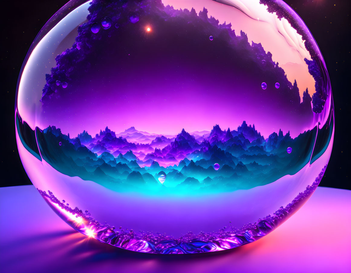 Translucent Sphere Artwork: Layered Purple & Blue Landscapes