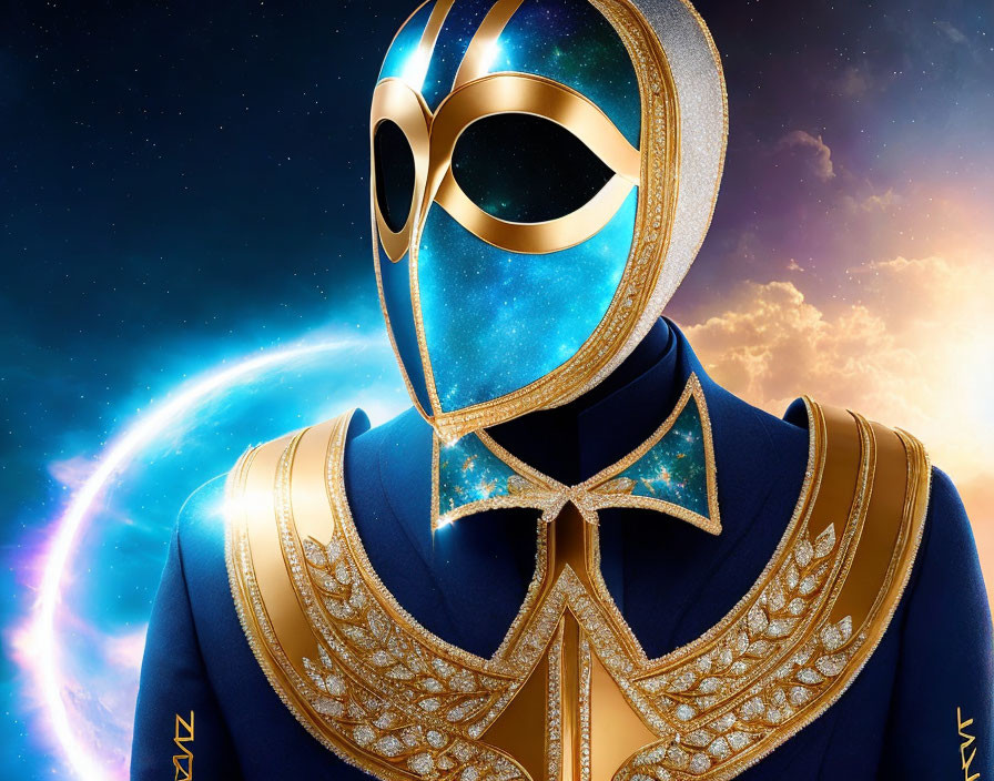 Illustrated character in gold and blue space suit against cosmic backdrop