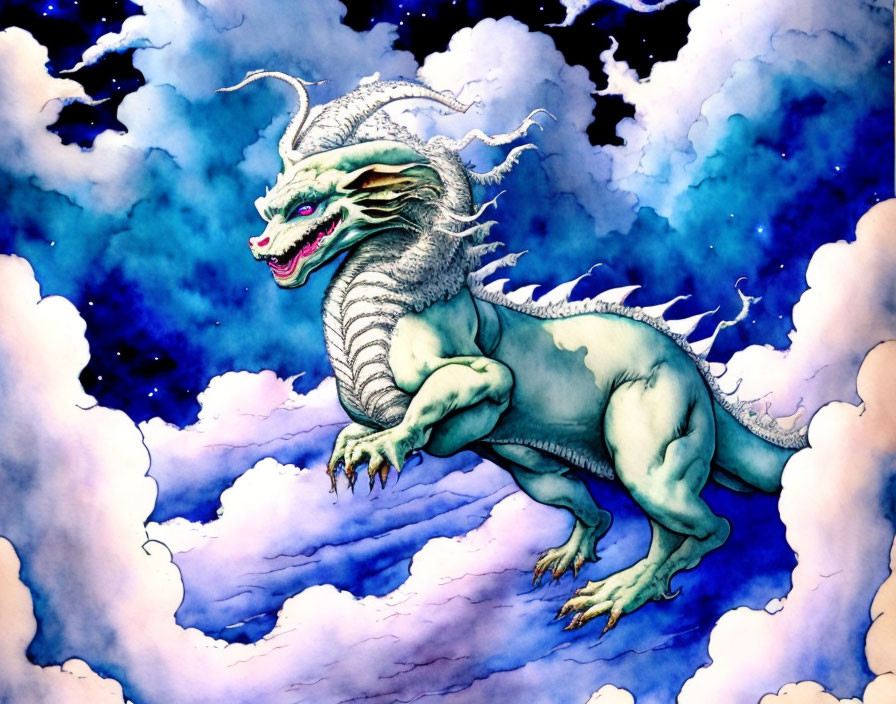 Detailed depiction of green and white dragon in dramatic clouds