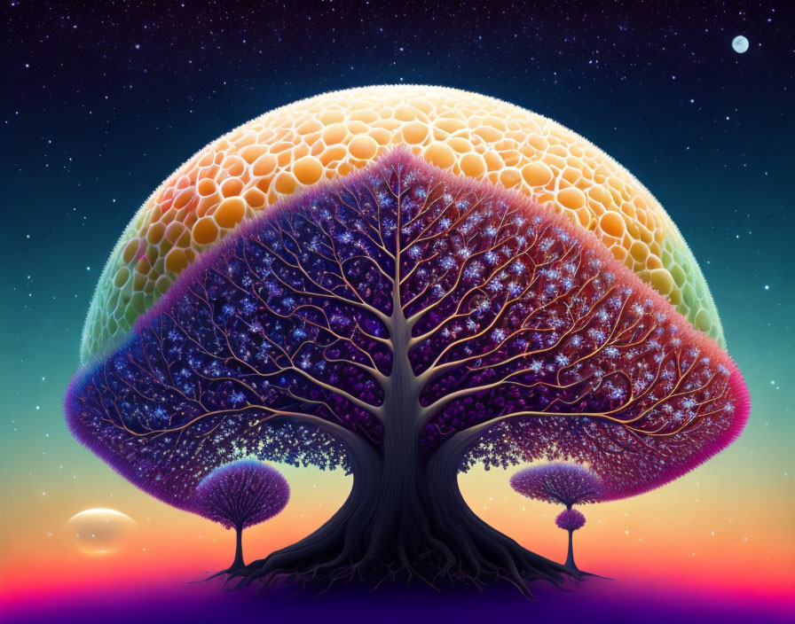 Surreal tree with cellular canopy under starry sky