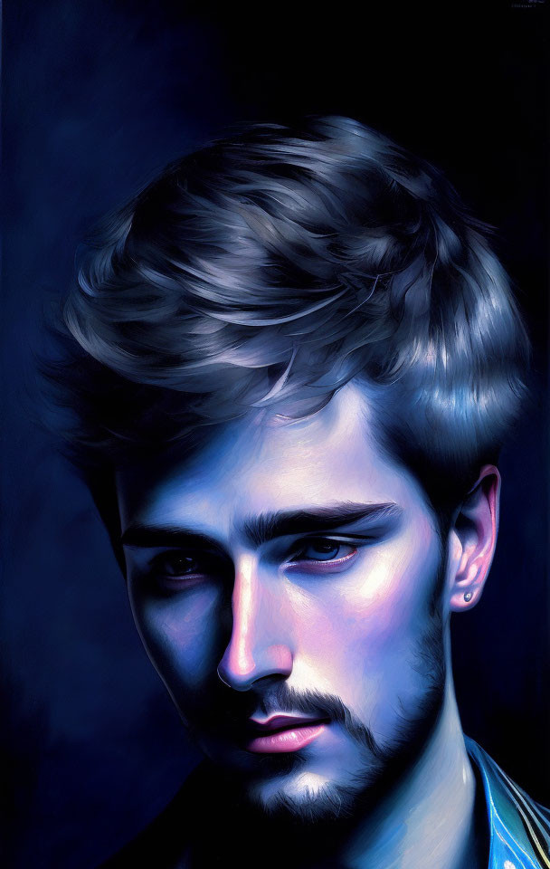 Young man portrait with voluminous hair and beard in dramatic blue lighting