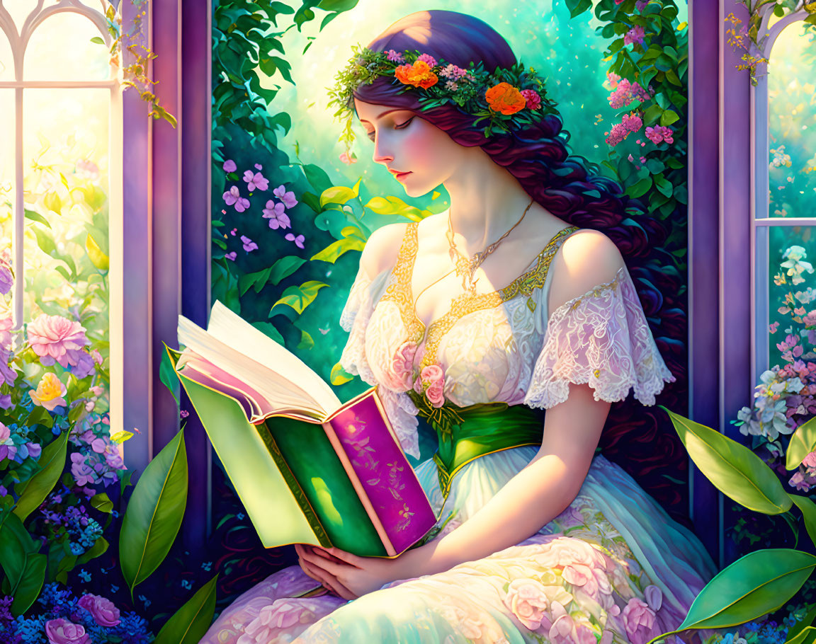 Woman in vintage dress reading book by garden-view window