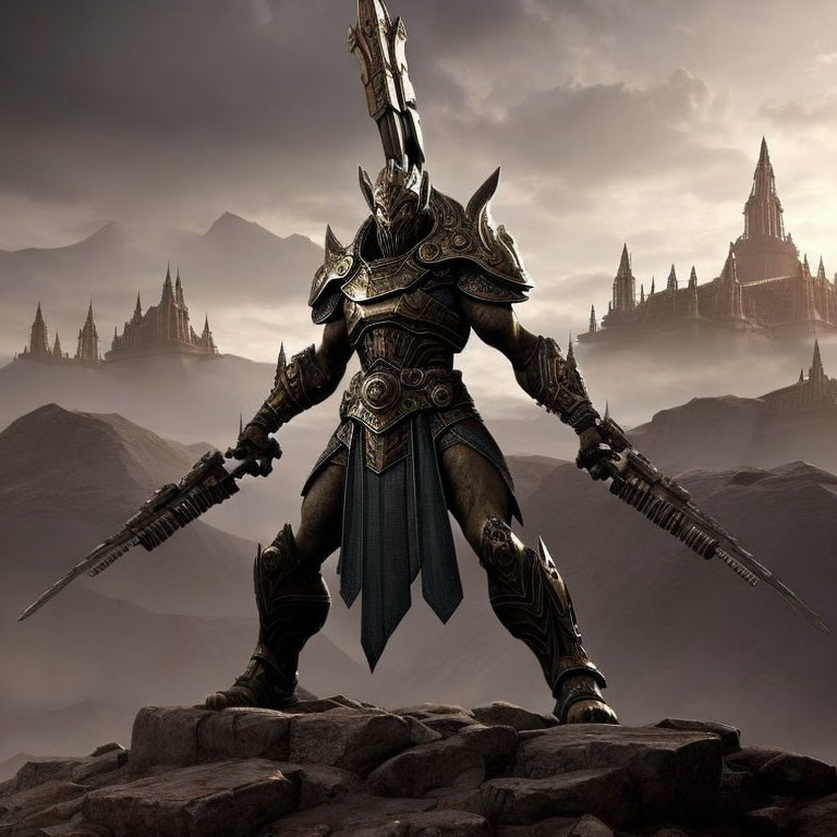 Menacing warrior in ornate armor with two swords on rocky outcrop under dark skies.