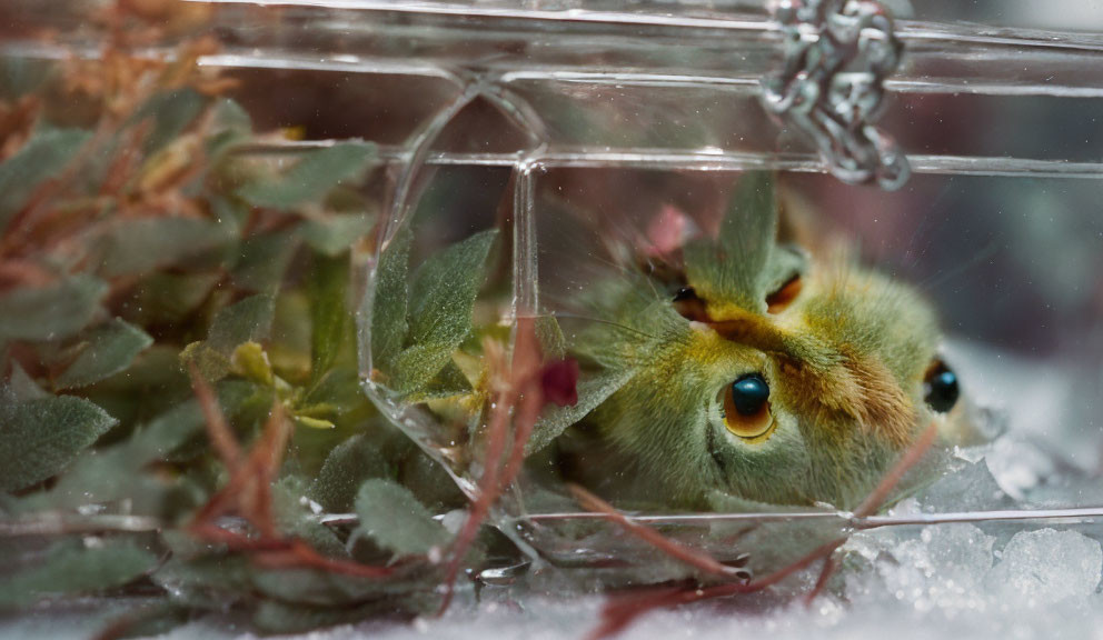 Green caterpillar in clear container among plant leaves and frost