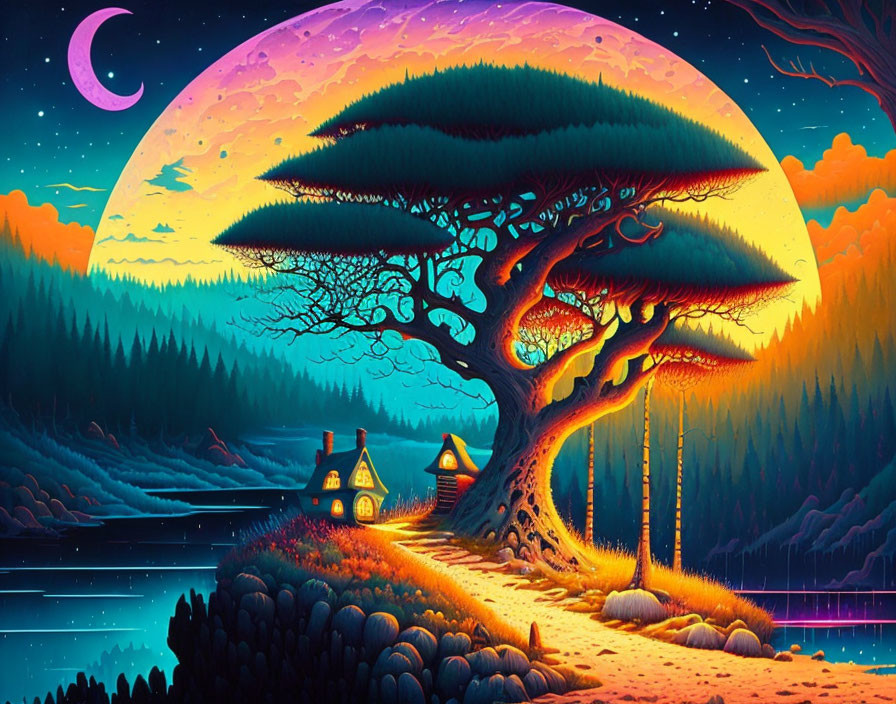 Colorful digital artwork of whimsical twilight landscape with tree, cottage, lake, and crescent moon