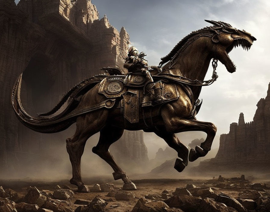 Elaborate armored knight on dragon-like steed in rocky landscape