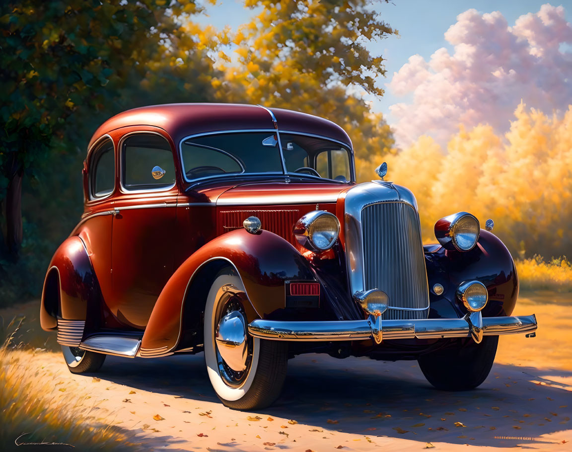 Classic Red Car Parked Outdoors Among Autumn Trees