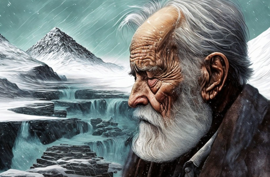 Elderly man with white beard in snowy mountain landscape