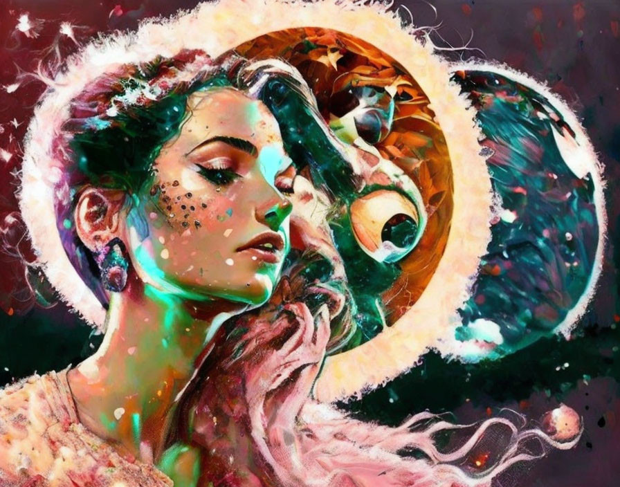 Vibrant digital artwork: woman with cosmic elements