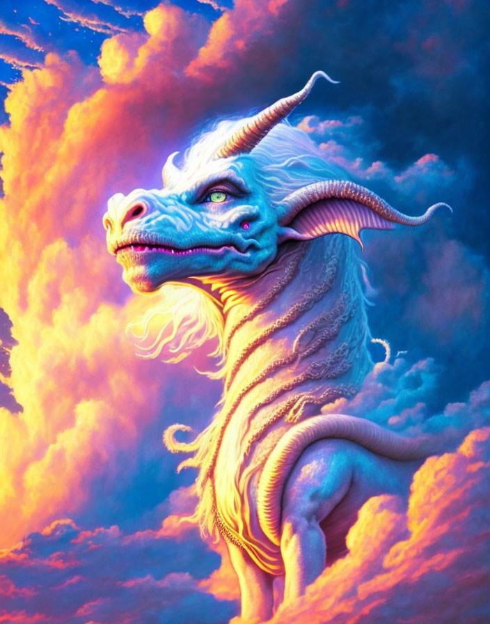 Colorful mythical dragon-goat illustration in dramatic sky