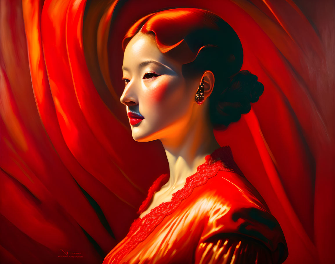 Graceful woman in red dress with elegant hairstyle on swirling backdrop