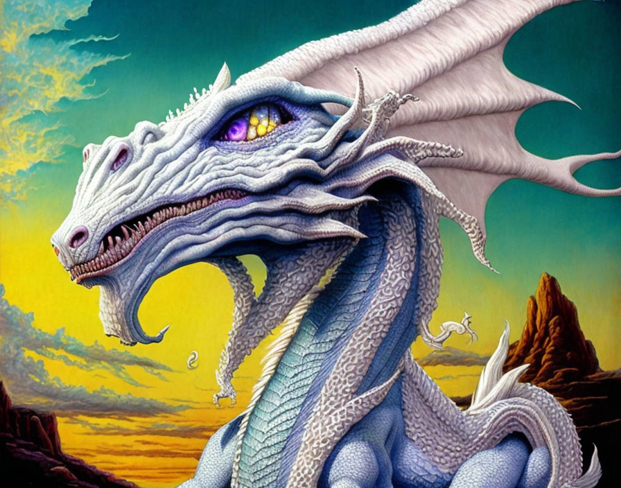 Blue multi-headed dragon with violet eyes in striking sunset scene