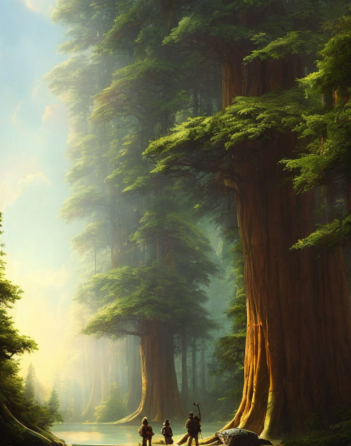 Ancient redwood trees in misty forest with people by river