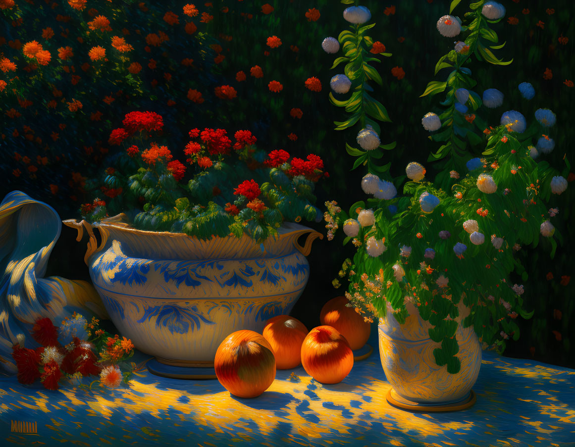 Porcelain bowl, ripe apples, wildflowers in dappled sunlight