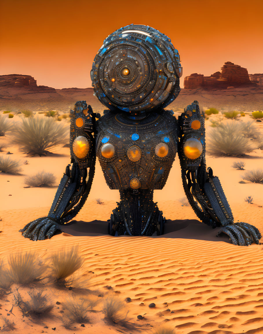 Intricately designed robot with spherical joints in desert landscape