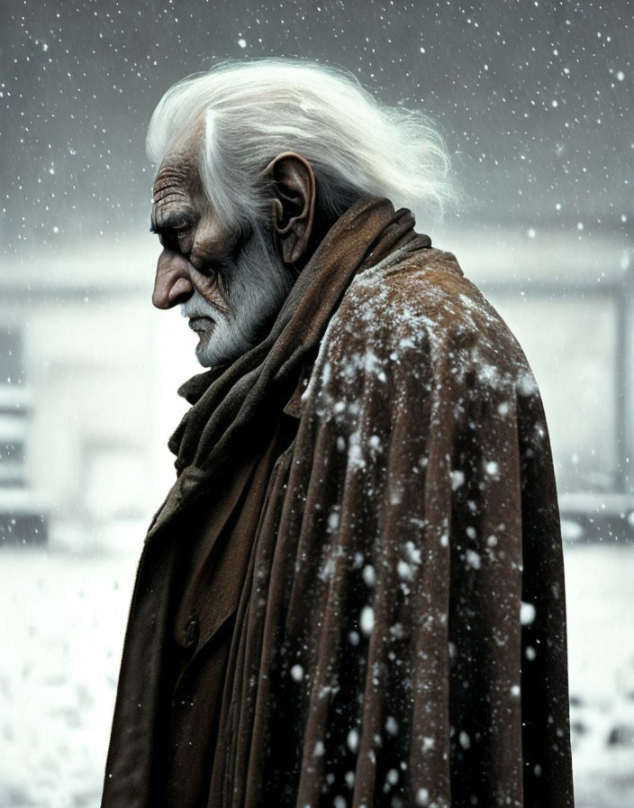 Elderly man with long white hair in brown coat and scarf standing in snow