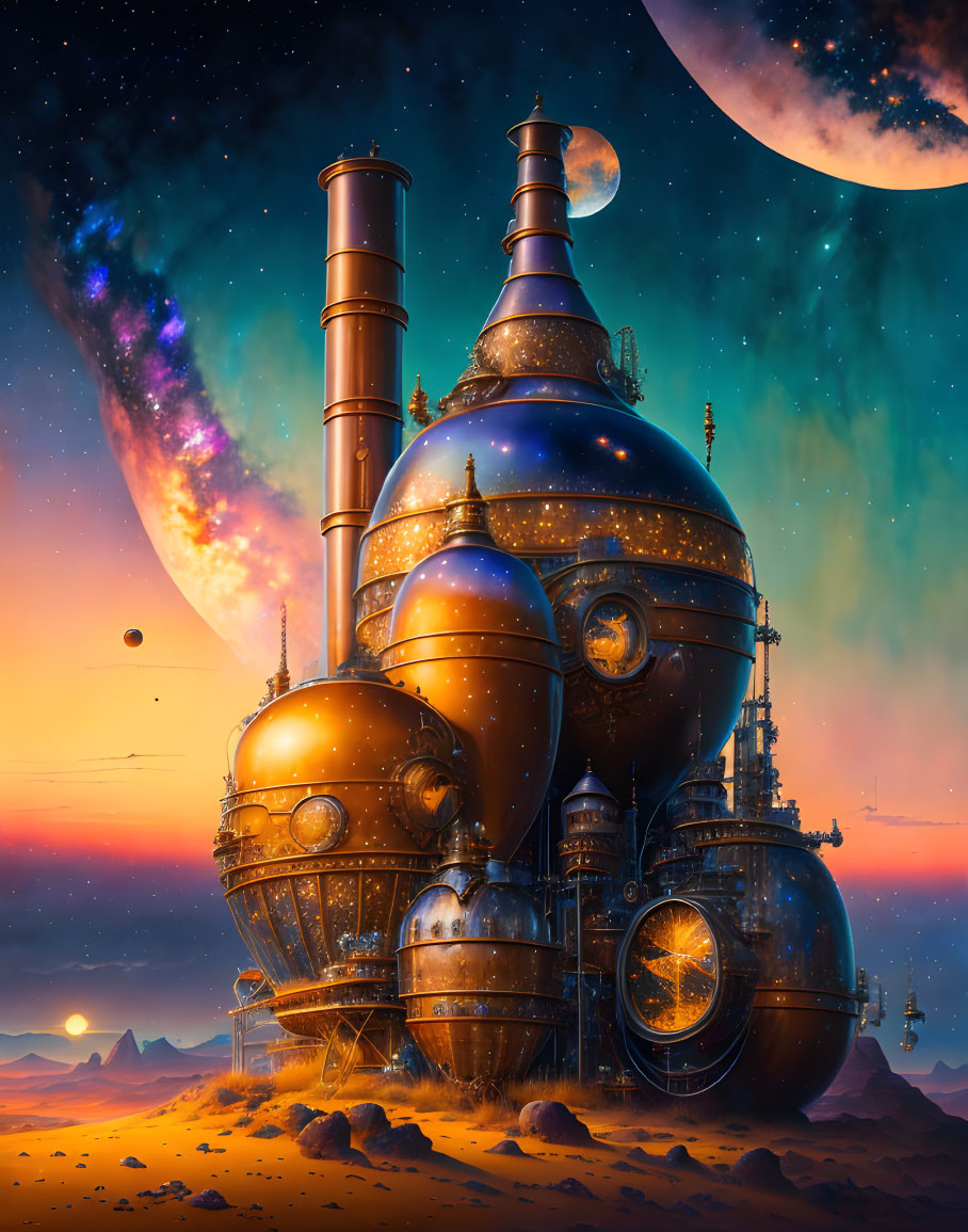 Steampunk-style building with spherical structures and towering chimneys under starry sky.