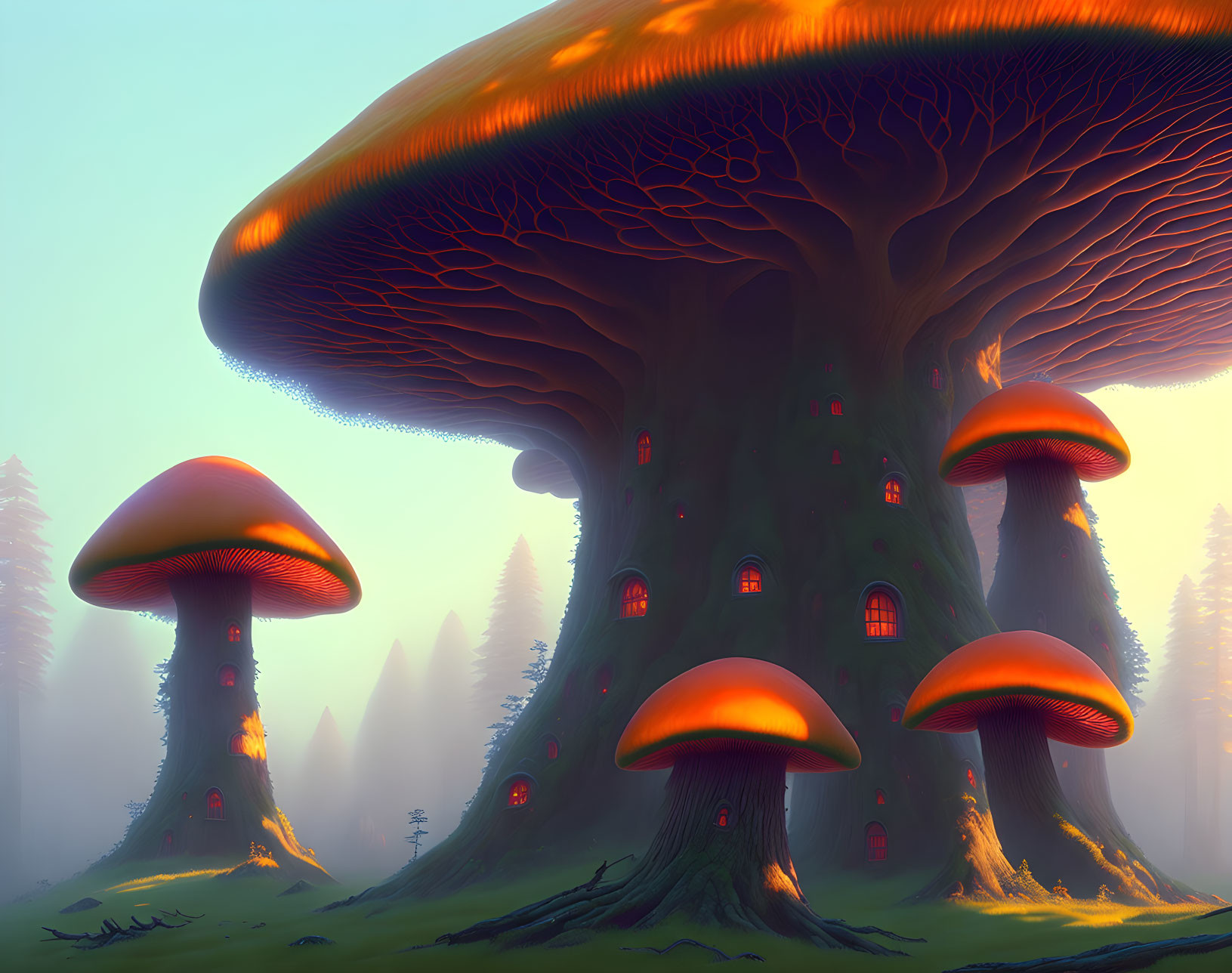 Enchanted forest with giant luminescent mushrooms and misty woodland openings