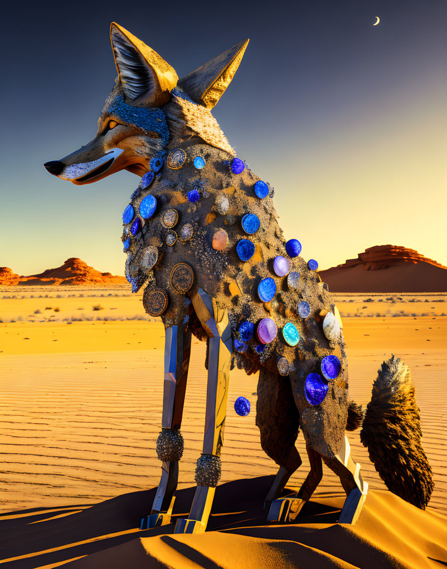 Colorful Gemstone-Adorned Mechanical Fox in Desert Twilight