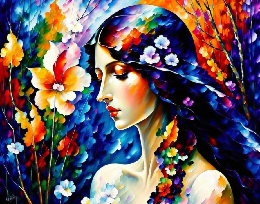 Colorful Floral Patterns Blend with Woman in Vibrant Painting