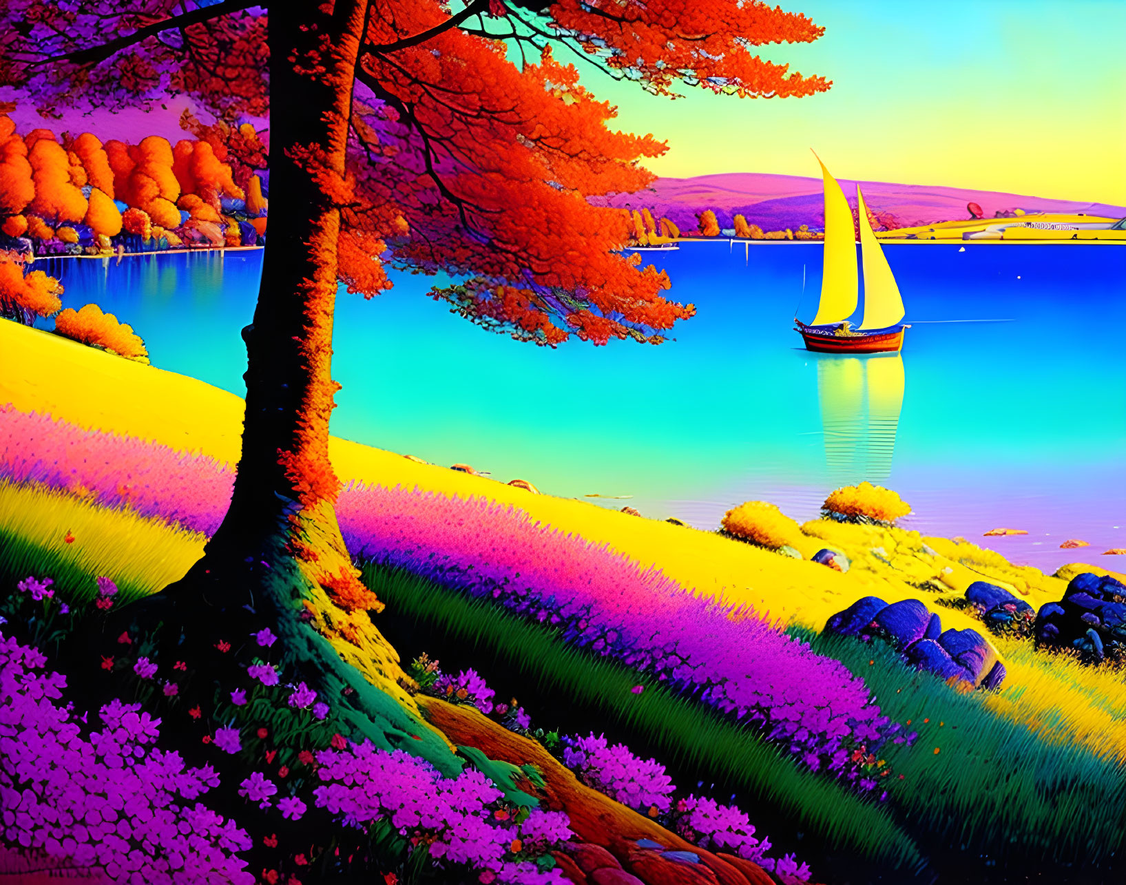 Colorful autumn landscape with sailboat, trees, and flowers on shoreline