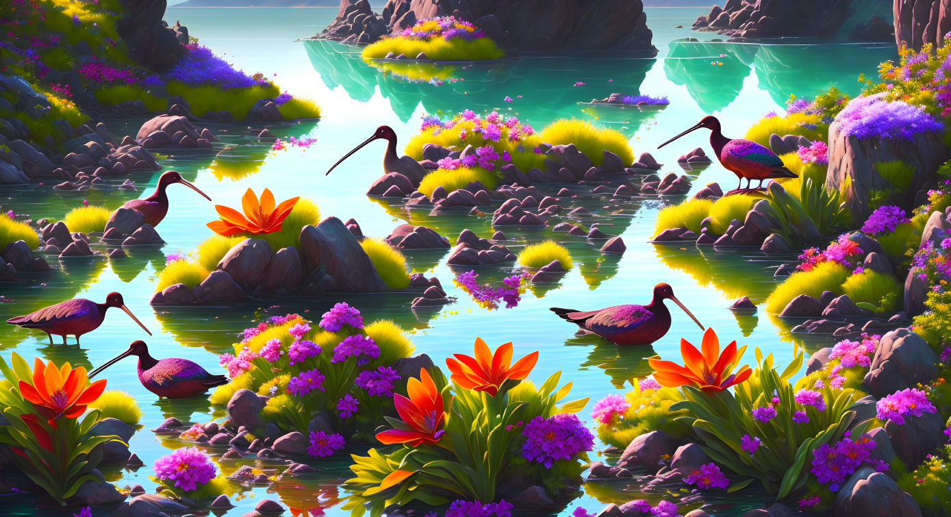 Colorful Landscape with Ibises Among Flowering Plants and Waterfalls