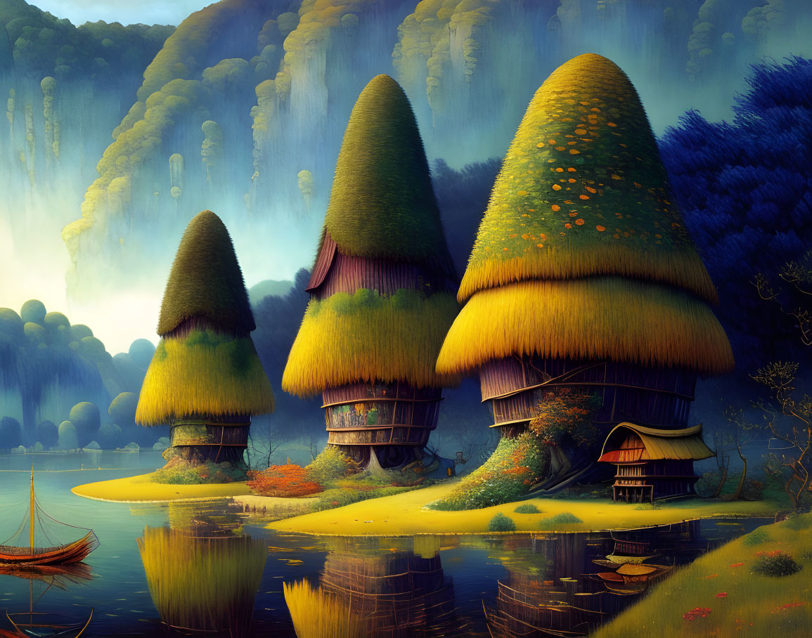 Lush Vegetation and Conical Structures in Mystical Landscape