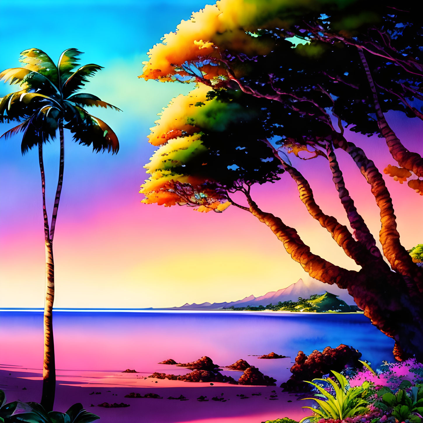 Vibrant Sunset Scene: Tropical Beach with Palm Tree Silhouettes