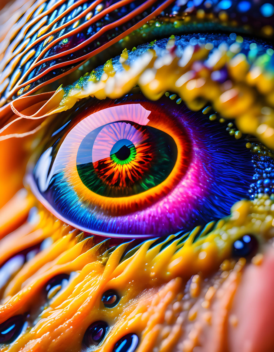 Detailed Close-Up of Vibrant Multicolored Eye with Textures and Rainbow Hues