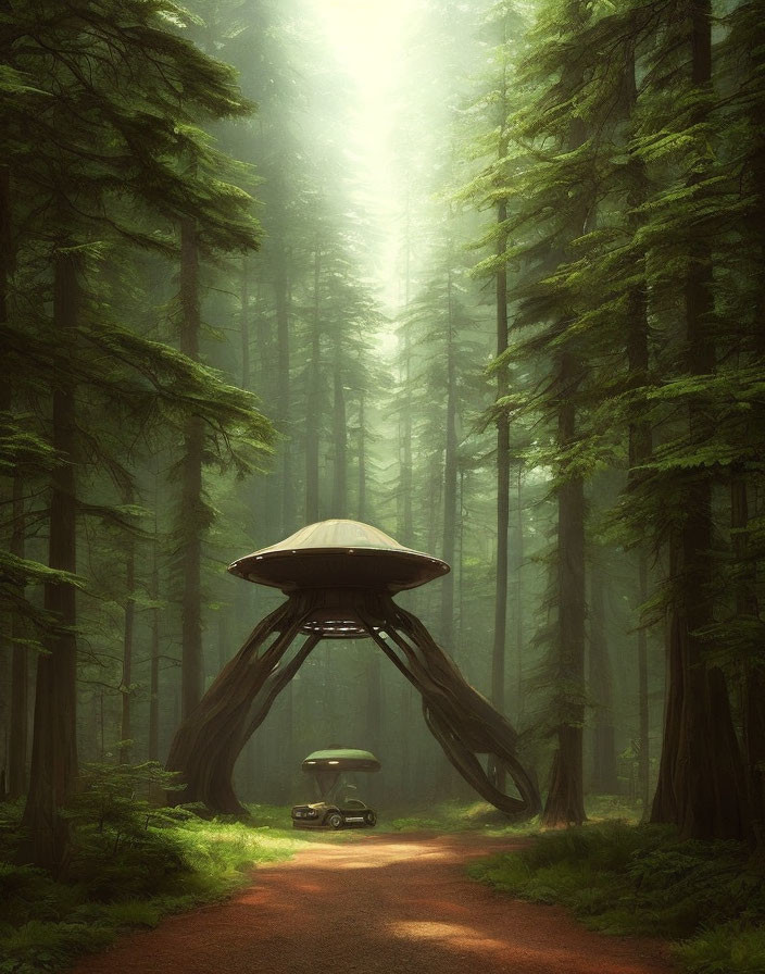 Misty forest with towering trees and UFO-like structure above ground