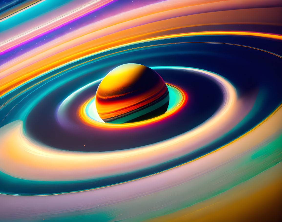 Colorful Stylized Saturn with Neon Rings in Warm-Cool Gradient