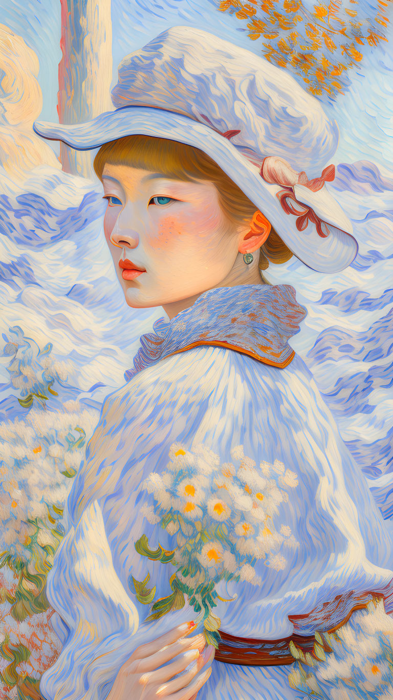 Portrait of Woman in White Hat and Dress with Yellow Flowers and Swirling Blue Patterns