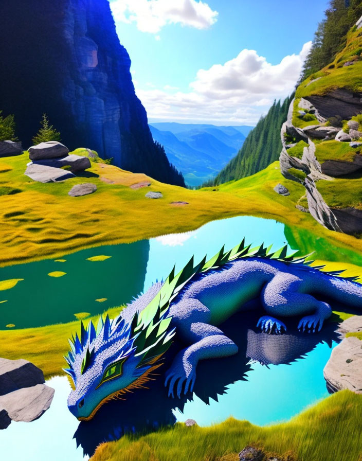 Blue dragon resting by mountain lake with lush greenery and dramatic cliff faces