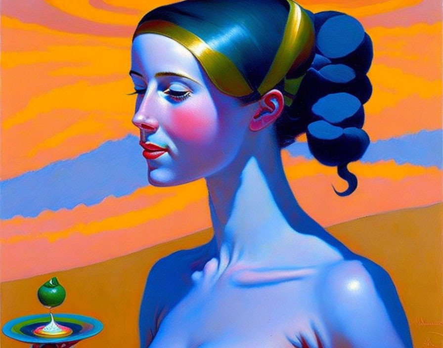 Vibrant surreal portrait of woman with blue skin and yellow headband