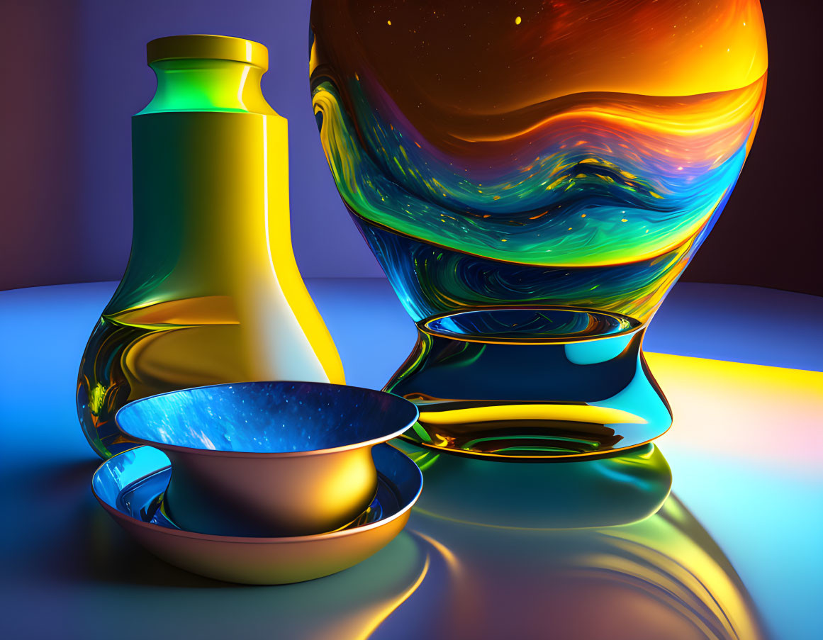 Vibrant swirling patterns on reflective glassware under ambient lights