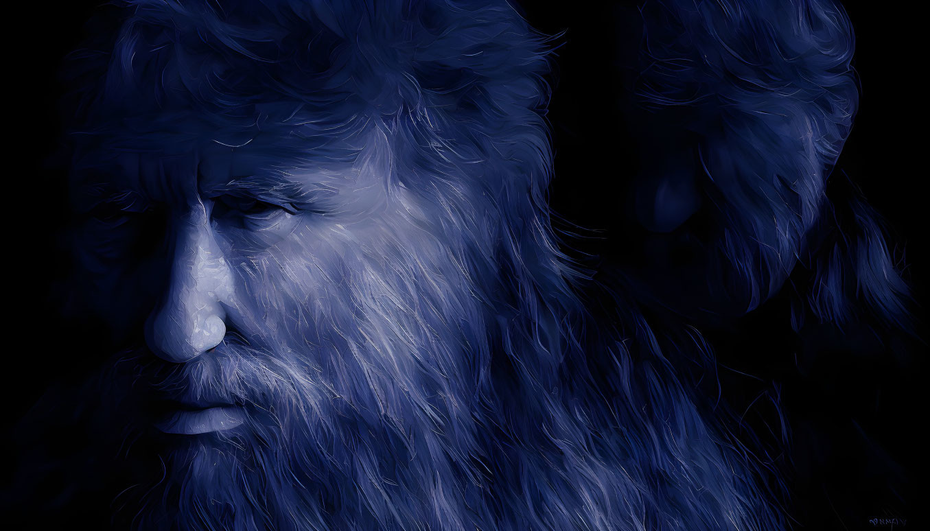 Monochromatic digital artwork of a brooding man with a beard and intense gaze