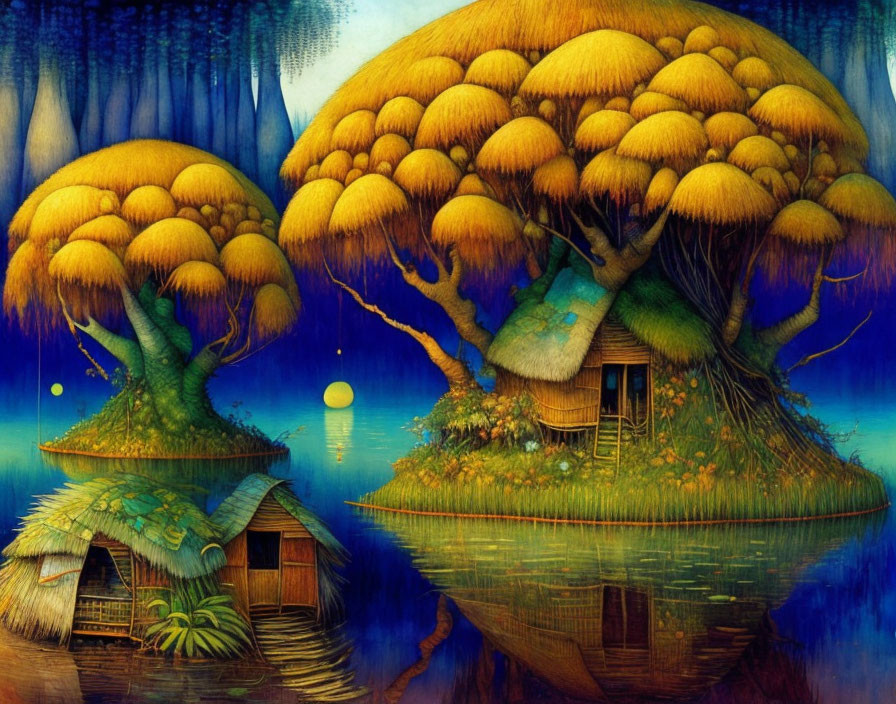 Enchanting painting of mushroom trees in a mystical blue forest