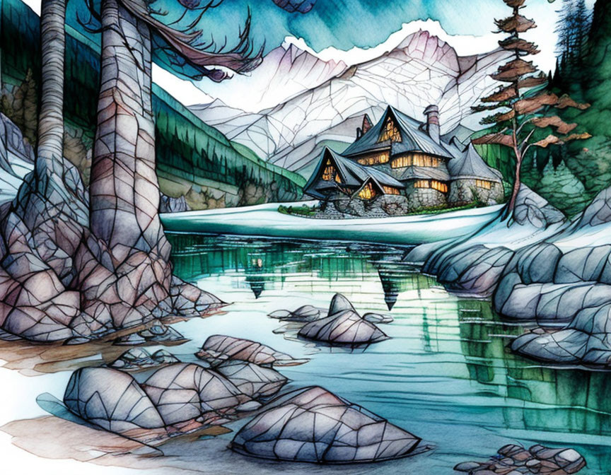 Tranquil mountain landscape with lodge, lake, pine trees, and snow-capped peaks