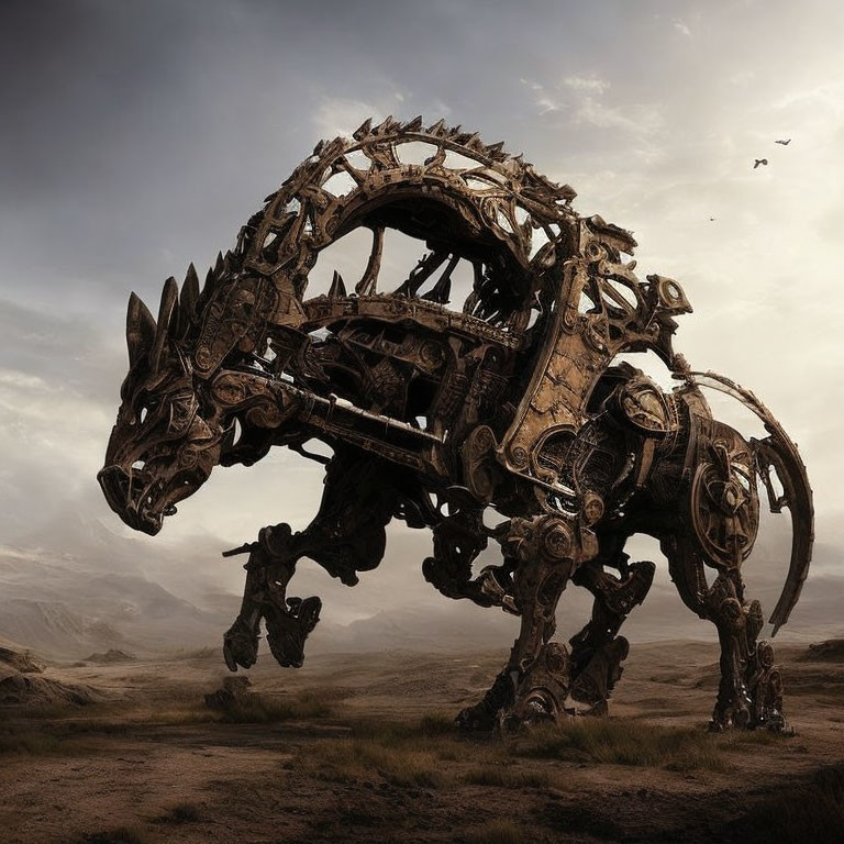 Intricate mechanical horse in desolate landscape under cloudy sky