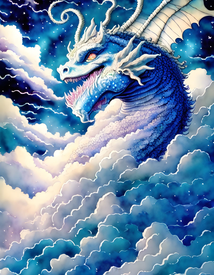 Blue Dragon Emerges from Clouds in Starry Sky