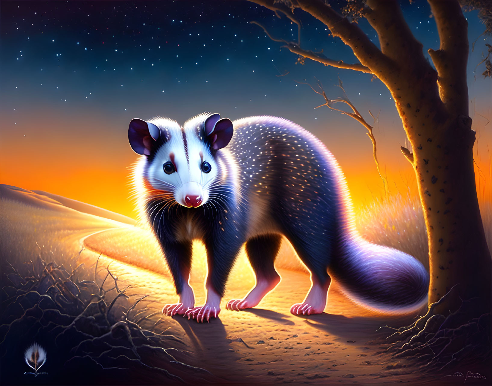 Stylized possum under starry sky with orange and blue twilight hues