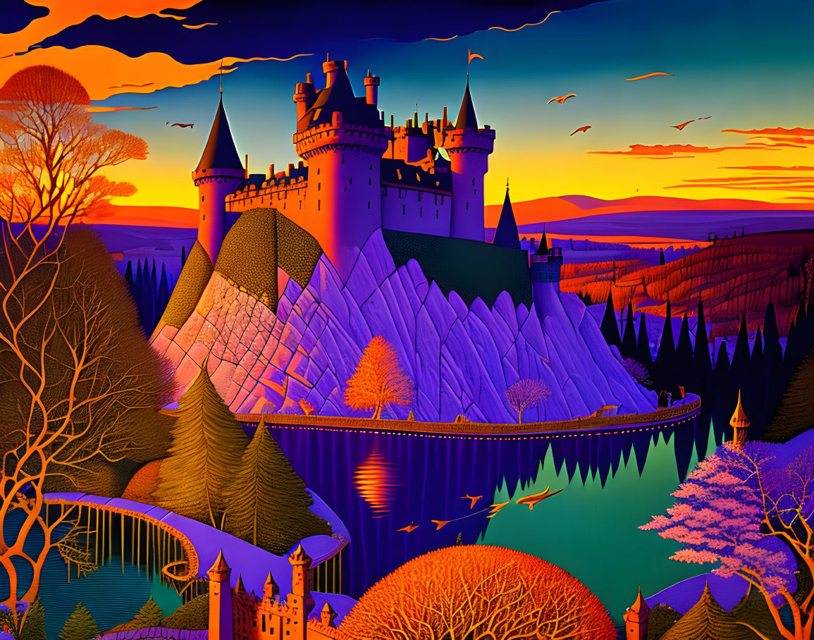 Fantasy castle at sunset with blue mountains, orange sky, birds, lake, colorful trees