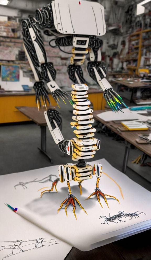 Colorful Robotic Arm Drawing Spider-Like Figure in Workshop Setting