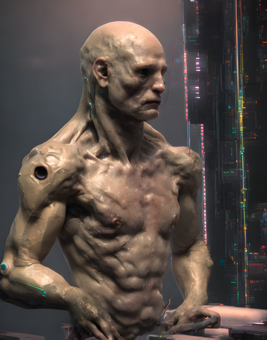 Bald humanoid with cybernetic implants in neon cityscape